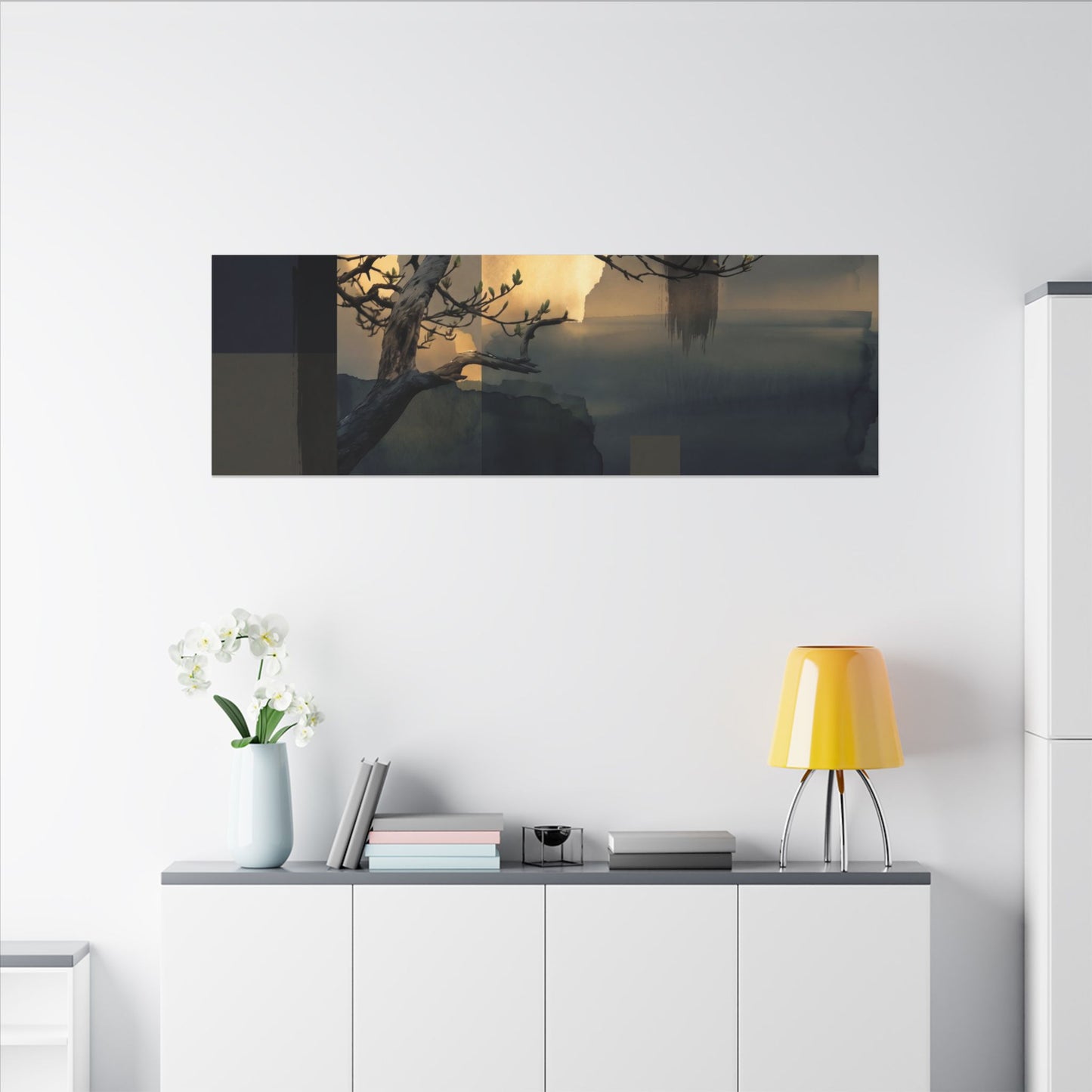 Golden Hour Pine Tree Canvas Art - Dark Japandi Kanso