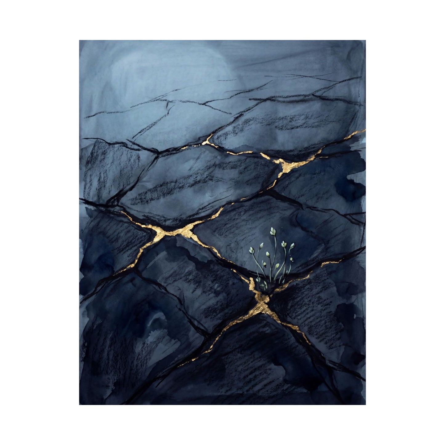 Mono No Aware Cracked Earth Wall Art Print - Dark Japandi Charcoal Ink