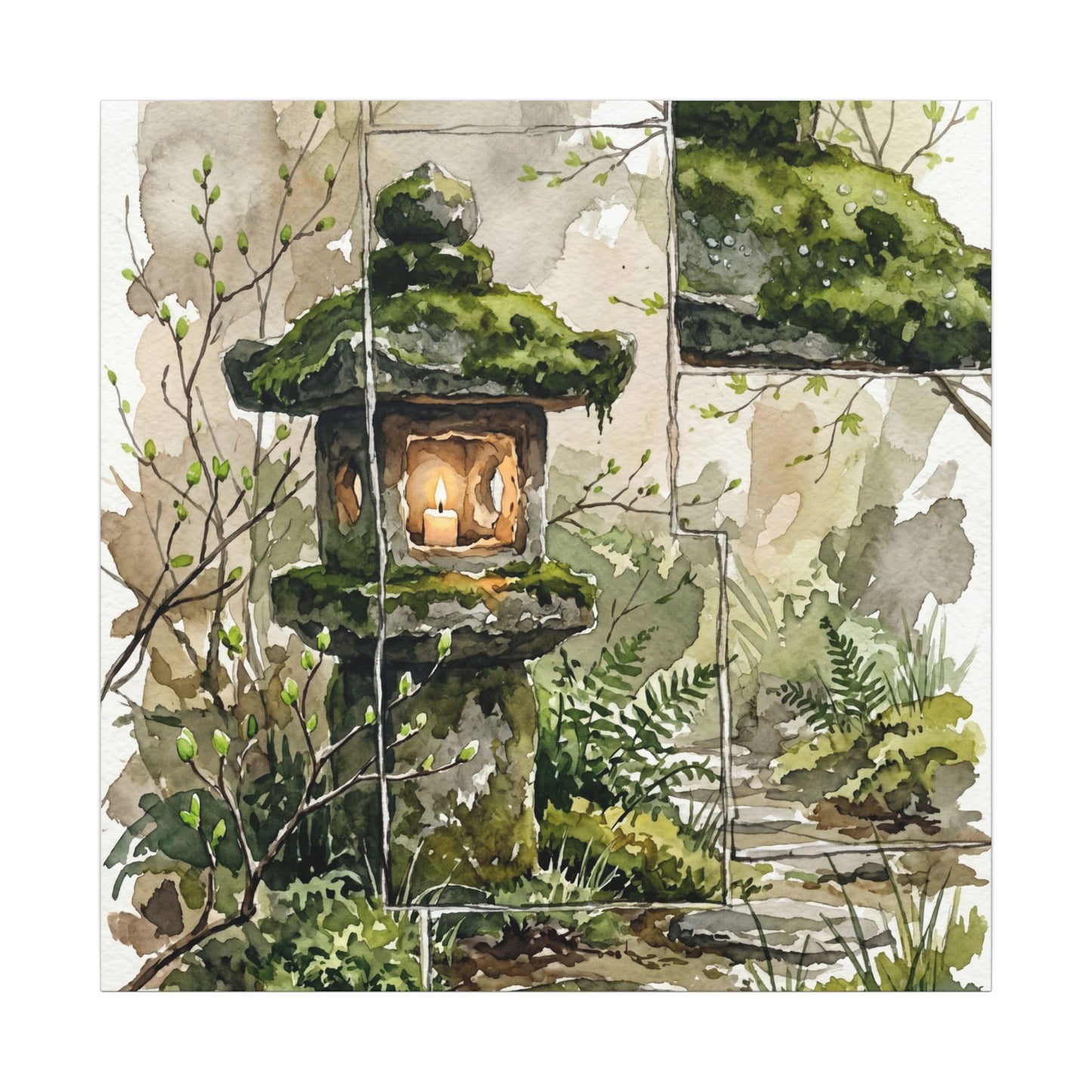 Stone Lantern Watercolor Canvas Art | Elegant Japandi Art