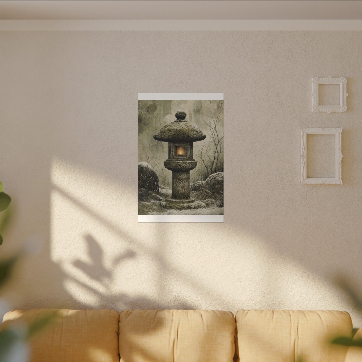 Stone Lantern Winter Canvas Art | Japandi Neutral Design
