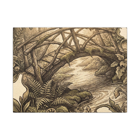 Cottagecore Wooden Bridge in Golden Hour | Vintage Botanical Canvas Art Art Print