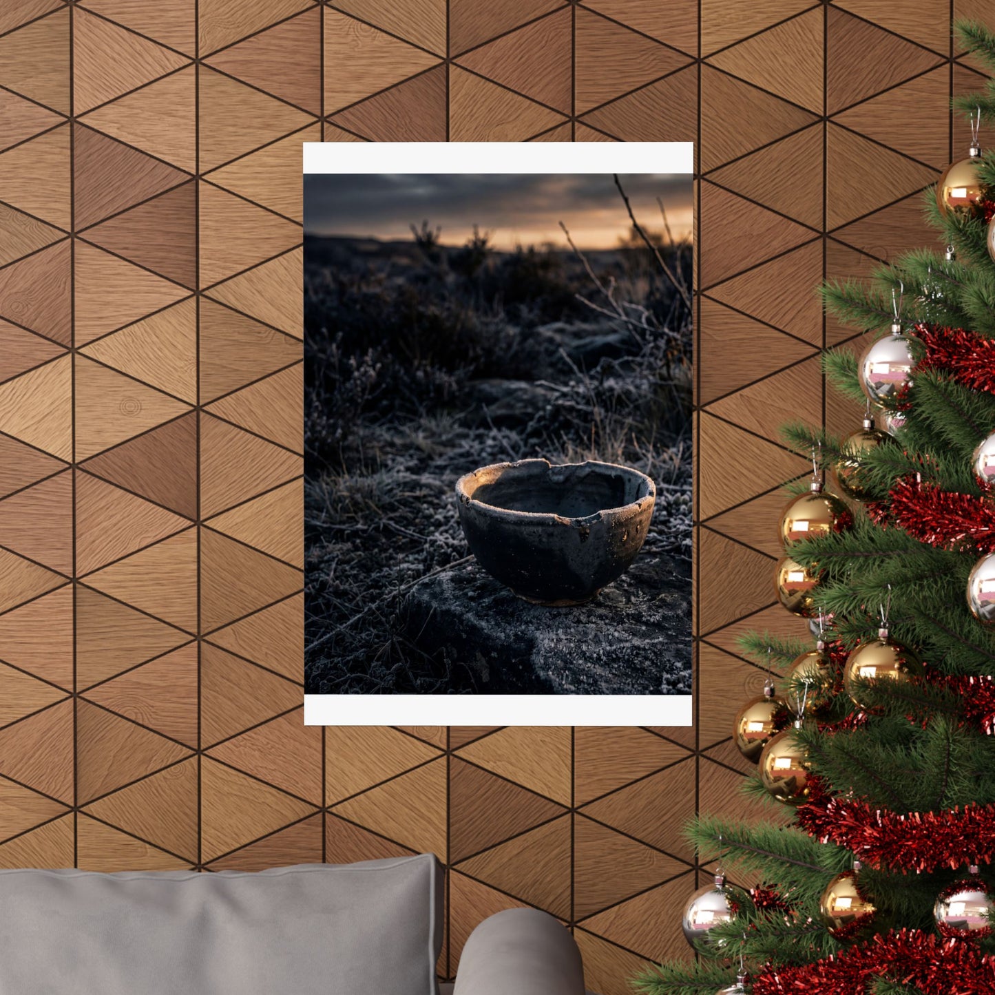 Dark Japandi Ceramic Bowl in Golden Hour | Dark Texture Wall Art Print