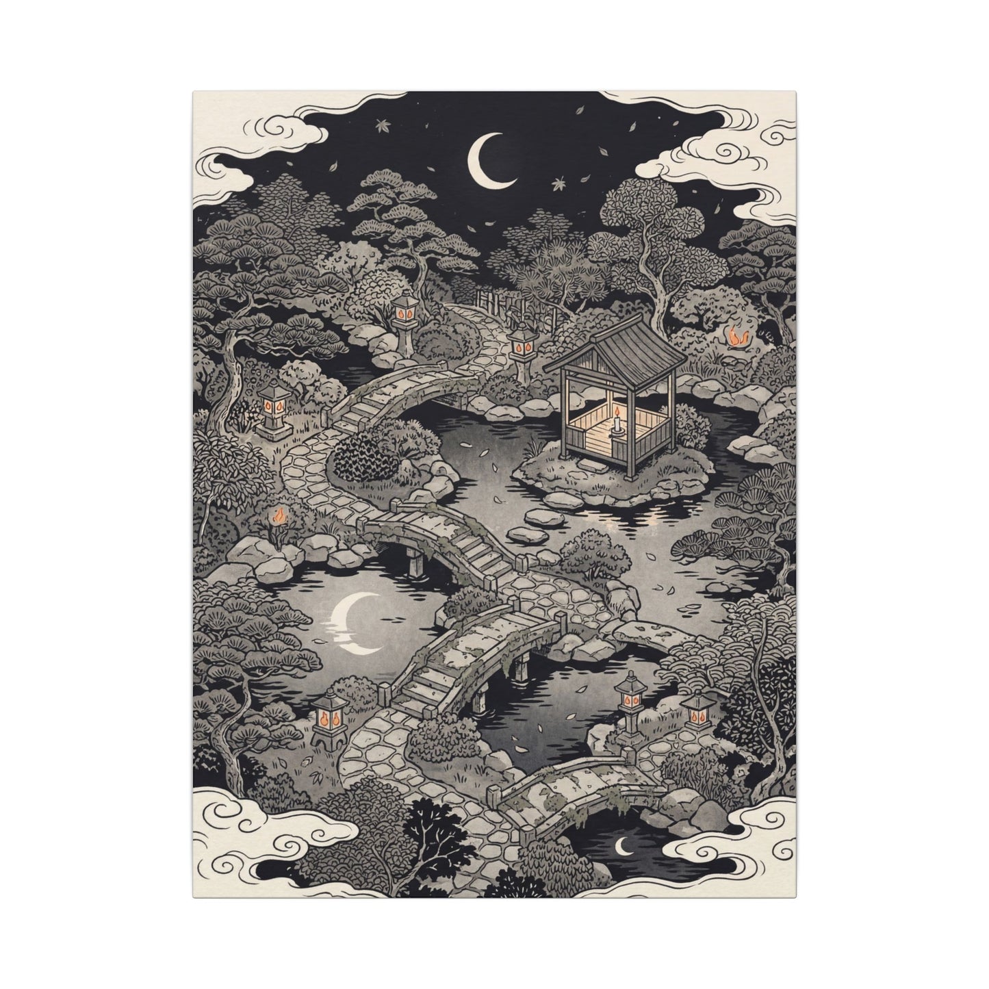 Moonlit Garden Ukiyo E Inspired Canvas Art | Serene Zen Art