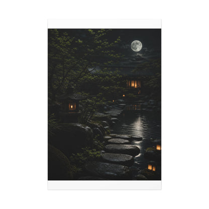 Moonlit Garden Shadow Zen Canvas Art | Sophisticated Dark Japandi Art