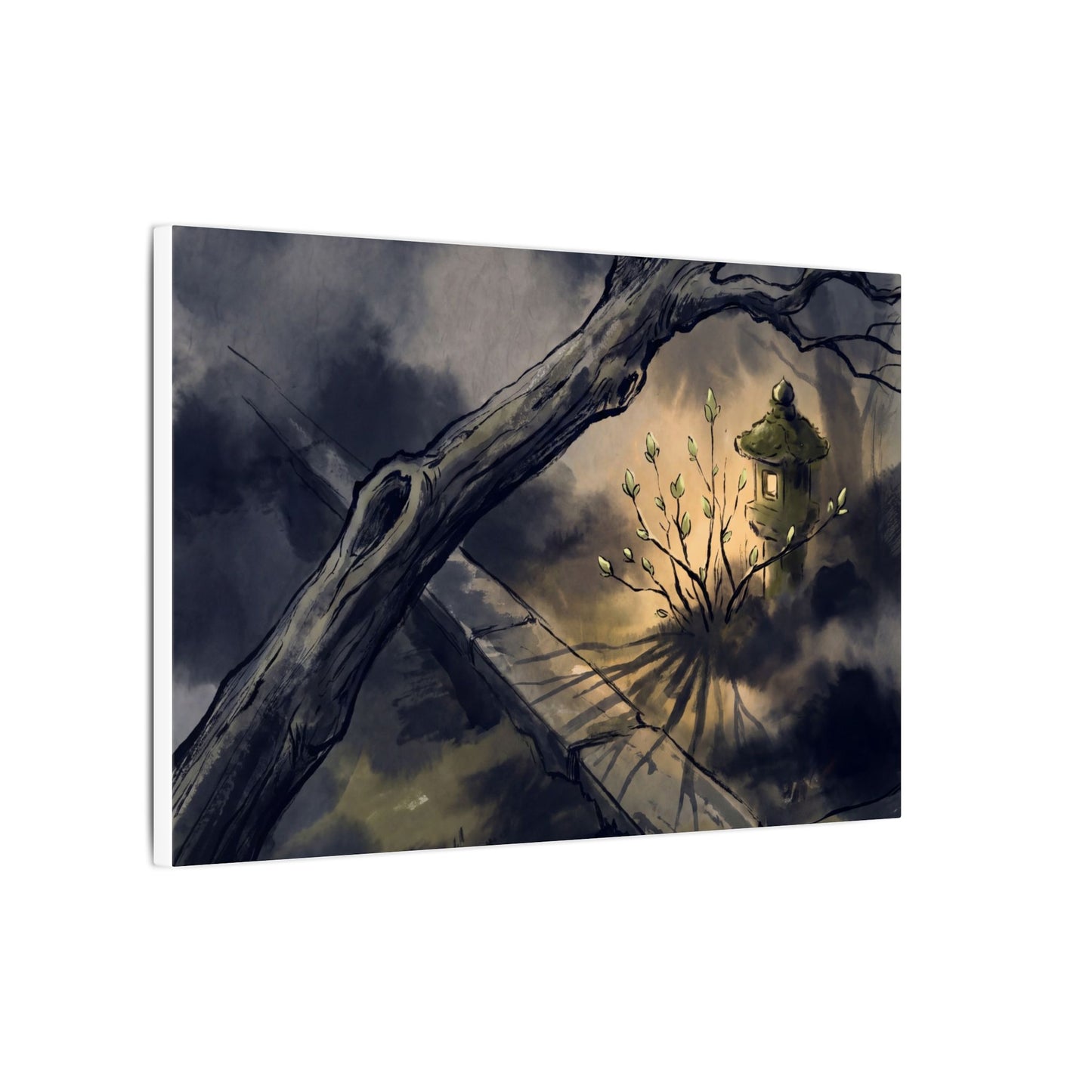 Dark Japandi Moonlit Garden in Golden Hour | Charcoal Ink Canvas Art
