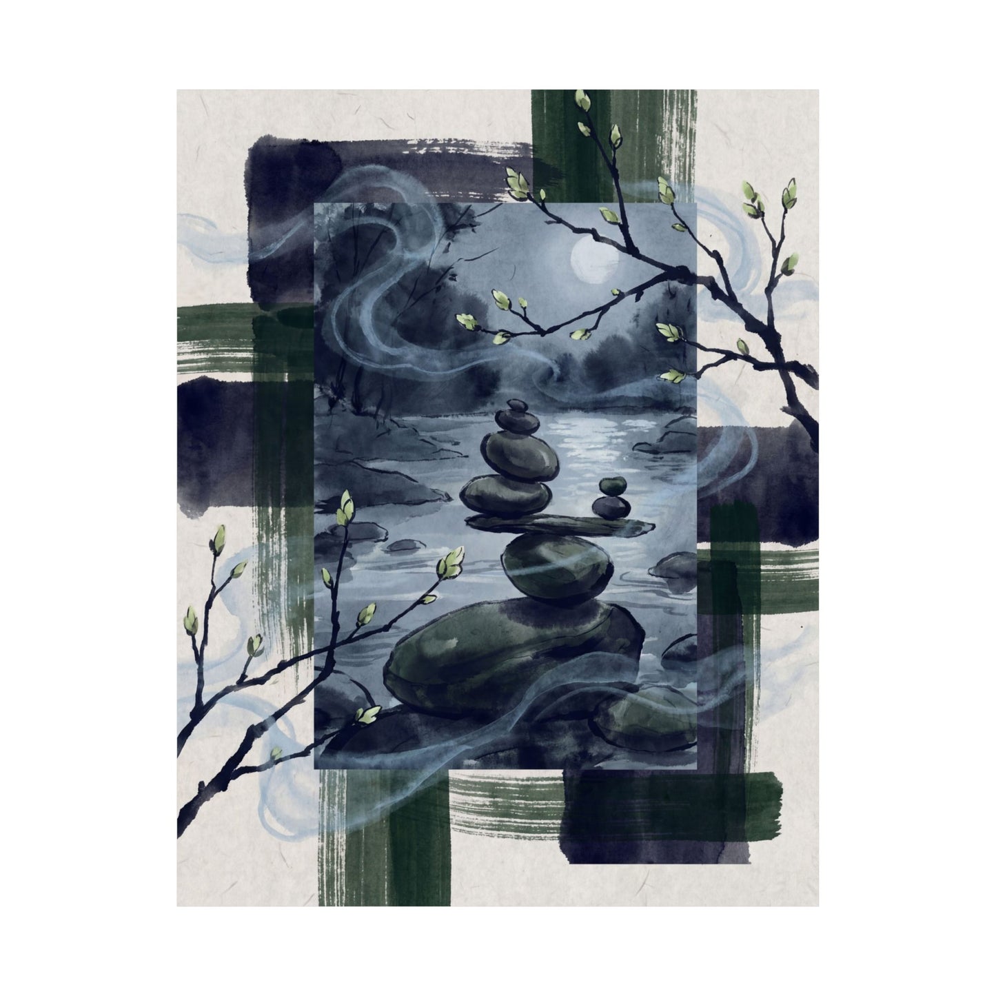 River Stones Wall Art Print | Spring Zen Sumi E Art