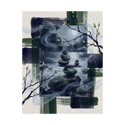 River Stones Wall Art Print | Spring Zen Sumi E Art