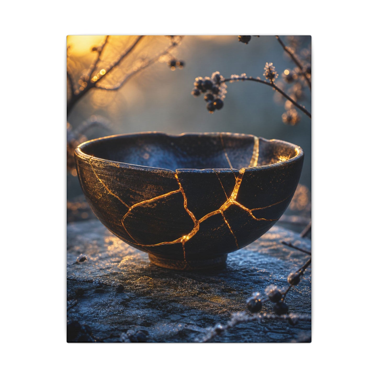 Ceramic Bowl Canvas Art | Winter Kintsugi Gold Repair Art