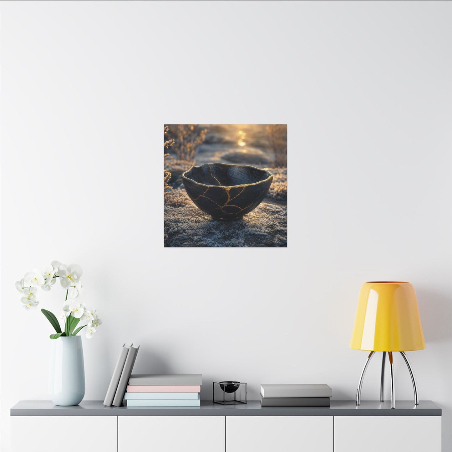 Ceramic Bowl Canvas Art | Winter Kintsugi Gold Repair Art