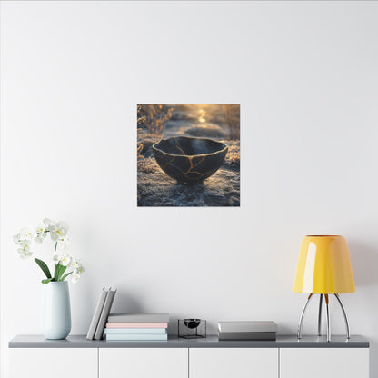 Ceramic Bowl Canvas Art | Winter Kintsugi Gold Repair Art