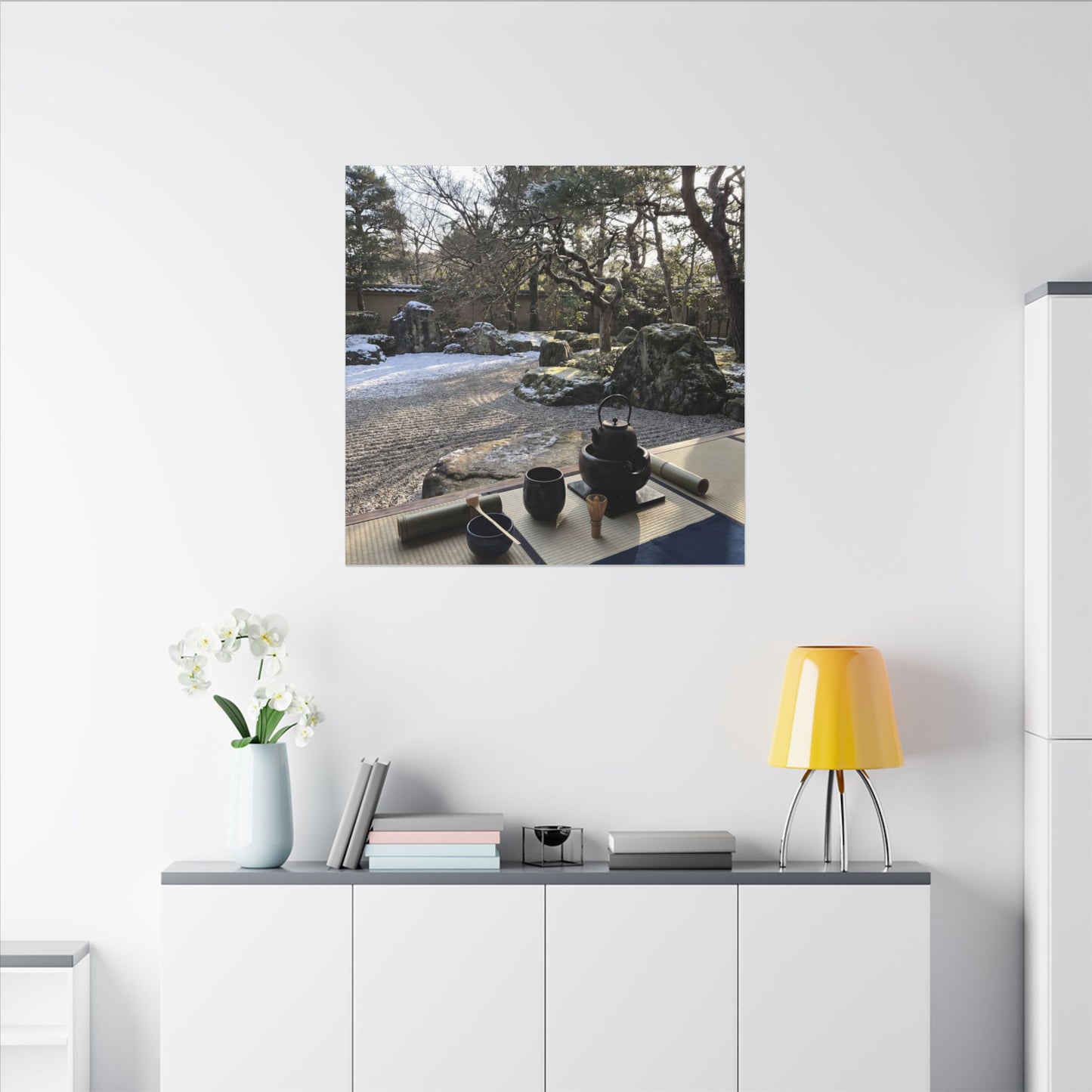 Winter Tea Ceremony Karesansui Canvas Art | Serene Decor