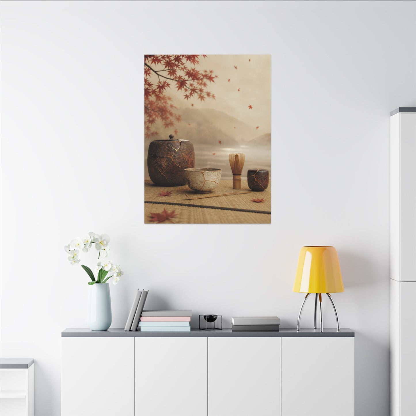 Tea Ceremony Canvas Art | Autumn Kintsugi Gold Vein Art