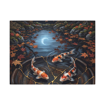 Koi Pond Canvas Art | Autumn Kintsugi Gold Repair Art