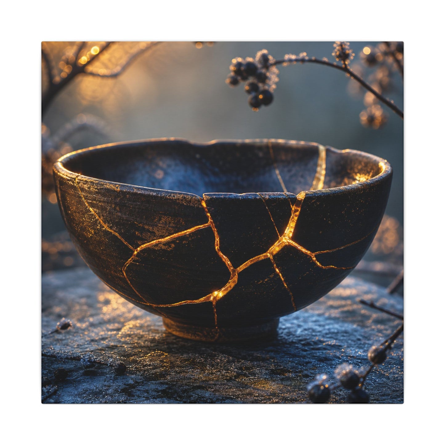 Ceramic Bowl Canvas Art | Winter Kintsugi Gold Repair Art
