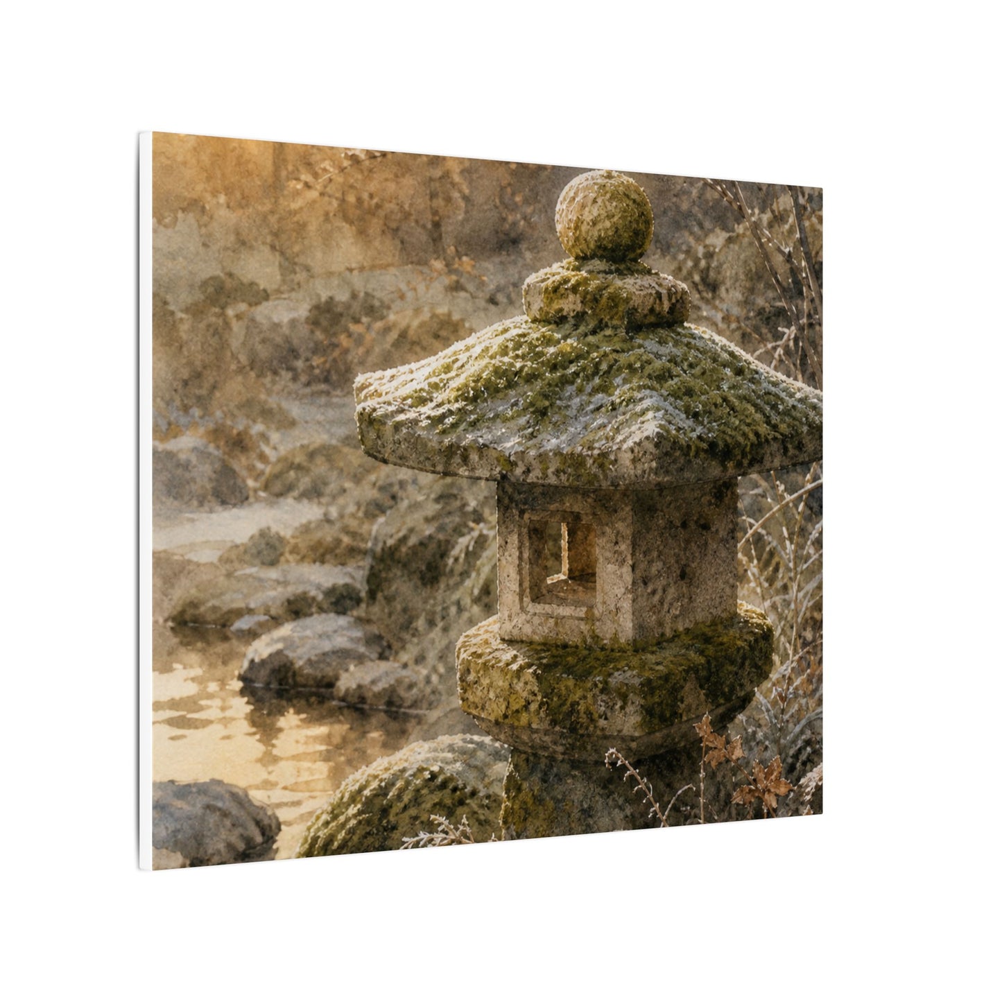 Winter Stone Lantern Watercolor Canvas Art | Earthy Decor