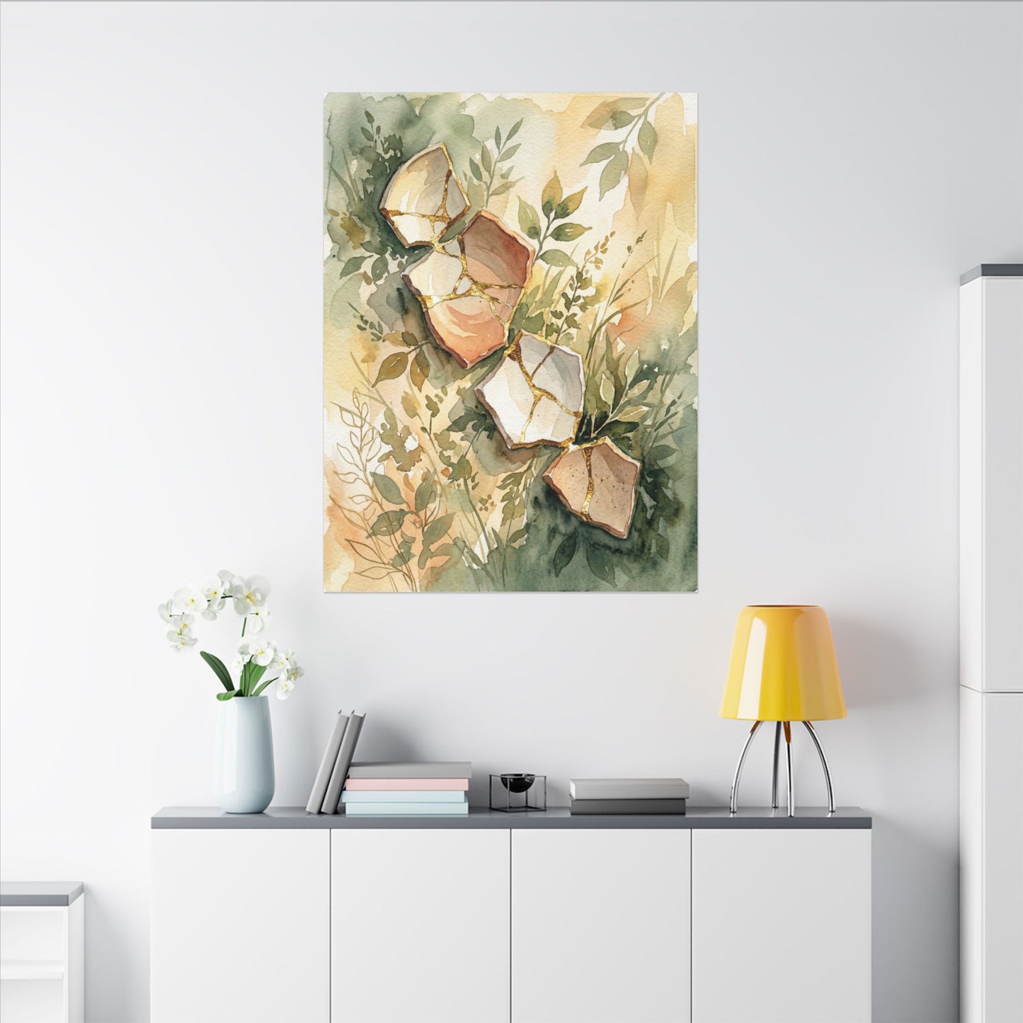 Japandi Broken Pottery in Golden Hour | Watercolor Canvas Art