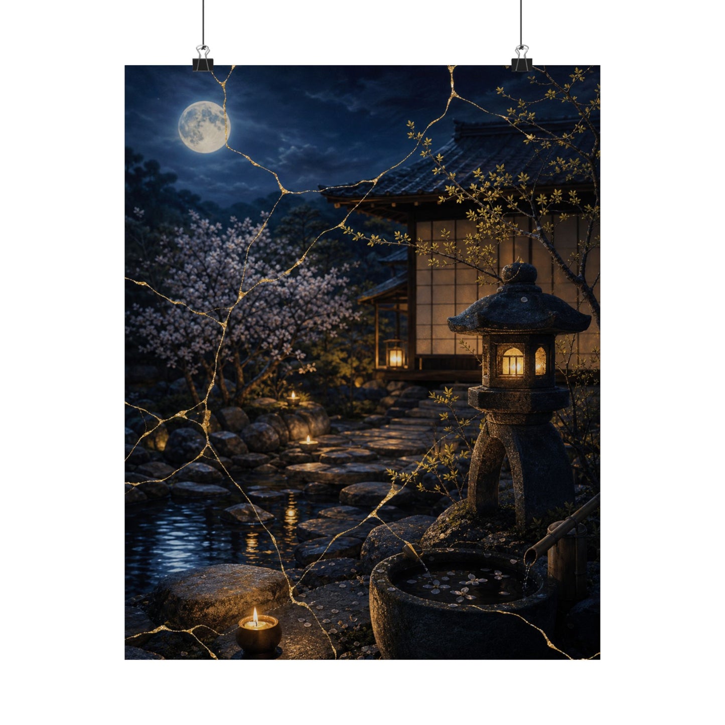 Spring Moonlit Garden Gold Vein Wall Art Print | Resilient Decor