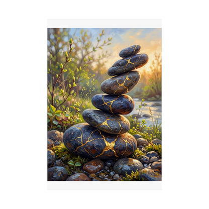 River Stones Wall Art Print | Spring Kintsugi Gold Repair Art