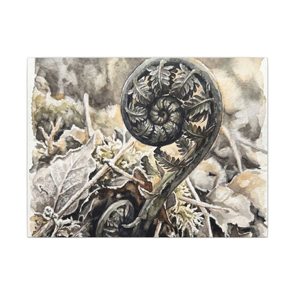 Japandi Fern Unfurling in Golden Hour | Watercolor Canvas Art