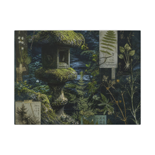Stone Lantern Herbarium Canvas Art | Cozy Cottagecore Art