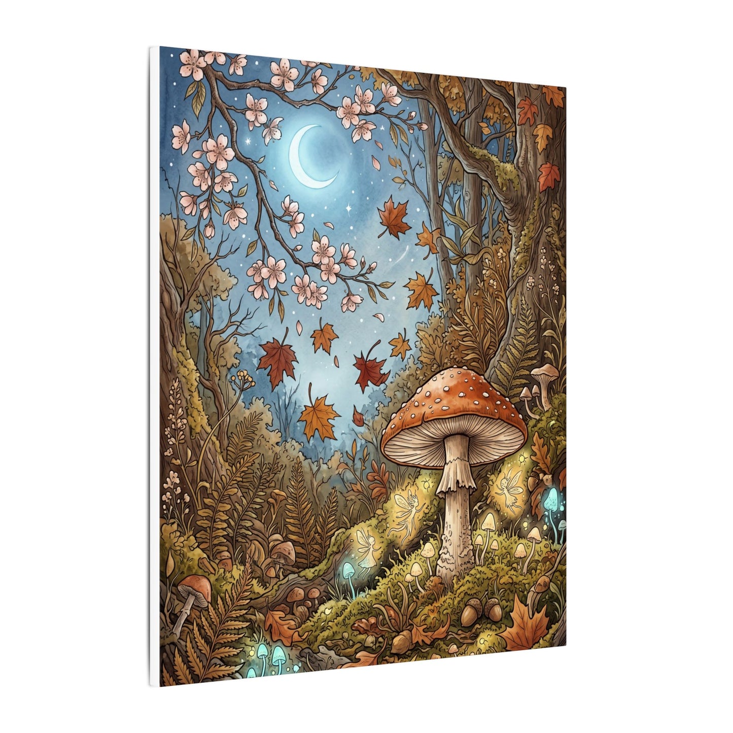 Autumn Cherry Blossom Mushroom Illustration Canvas Art | Enchanting Decor
