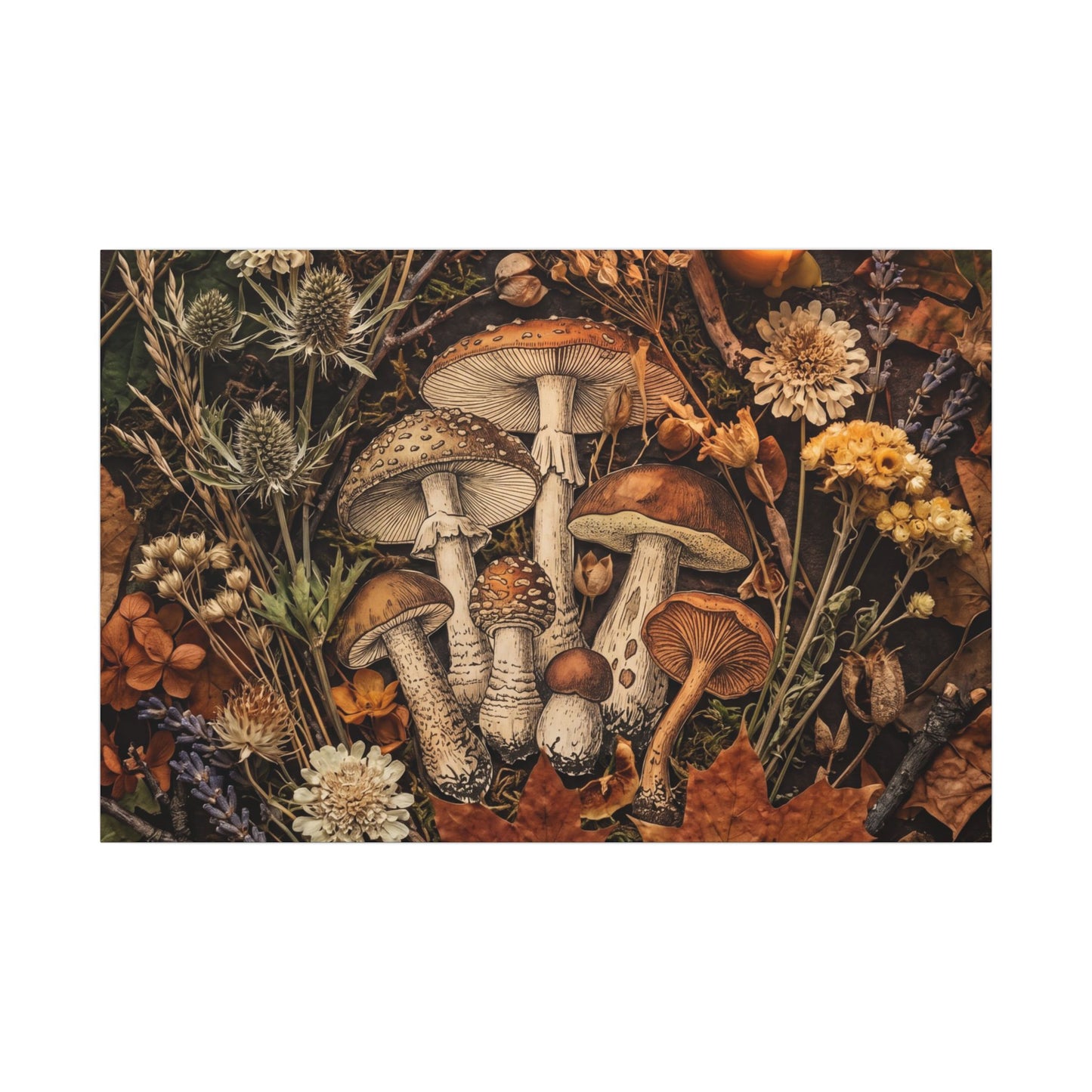 Autumn Dried Flowers Mushroom Illustration Canvas Art | Earthy Decor
