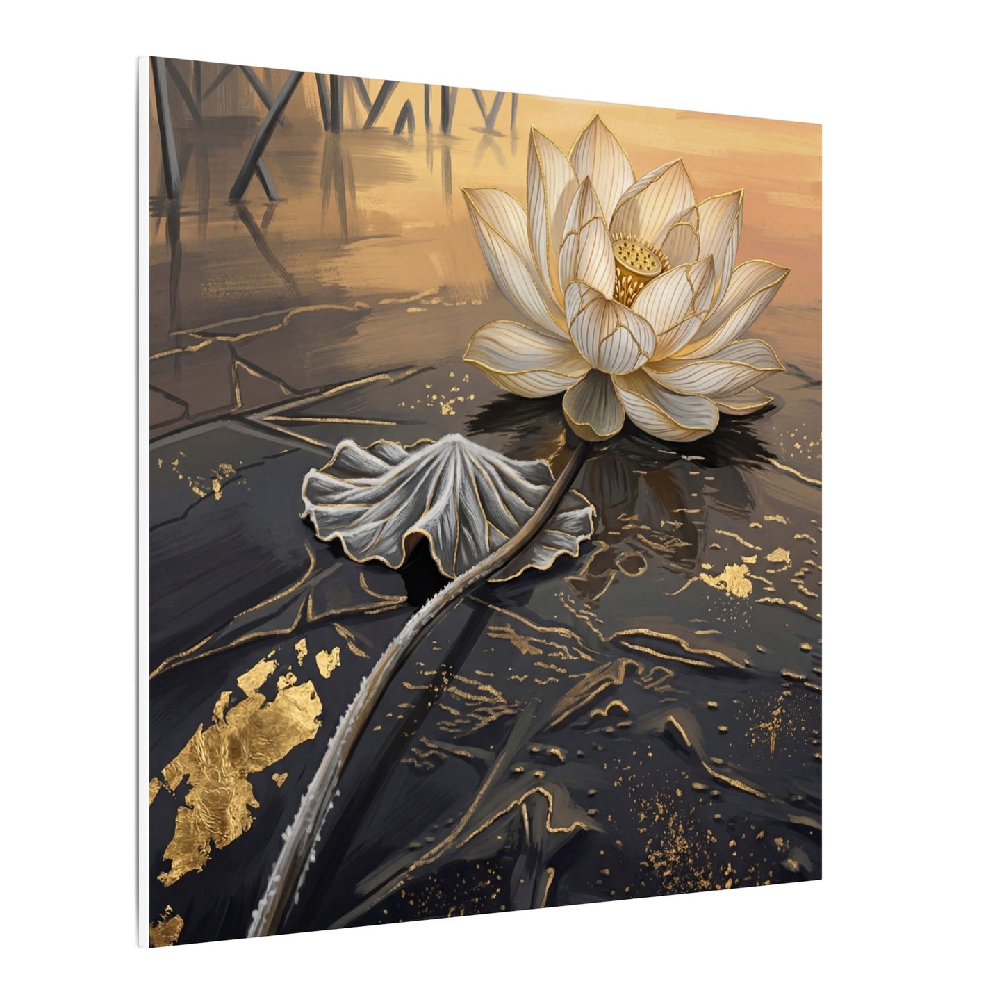 Kintsugi Lotus Flower in Golden Hour | Gold Vein Canvas Art