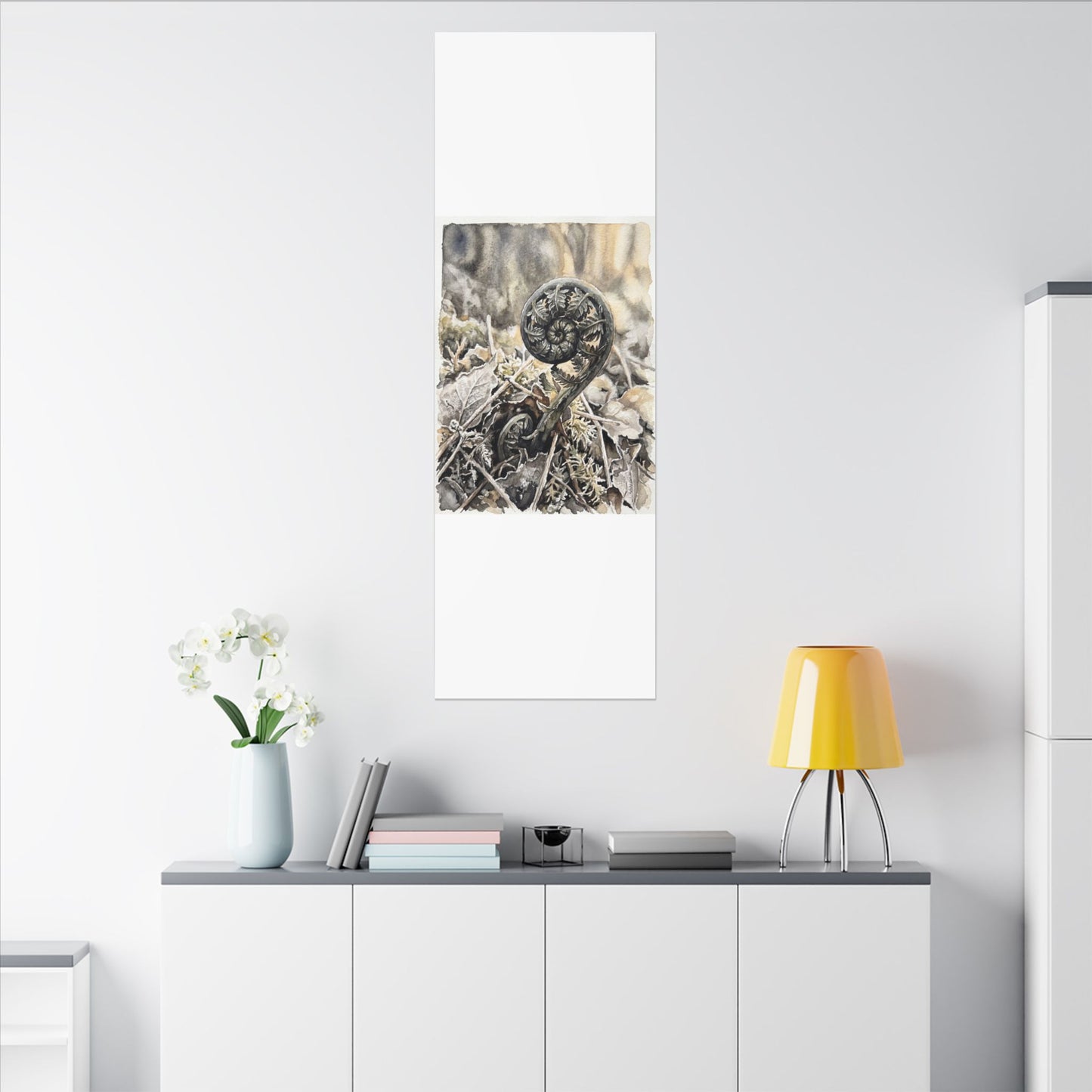 Japandi Fern Unfurling in Golden Hour | Watercolor Canvas Art