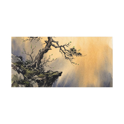 Zen Pine Tree in Golden Hour | Sumi E Canvas Art