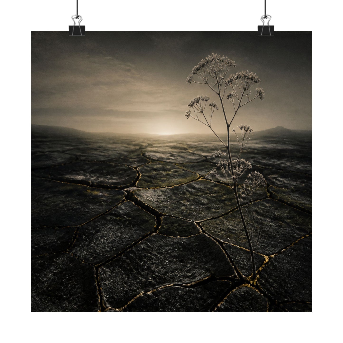 Dawn Cracked Earth Wall Art Print - Dark Japandi Mono No Aware