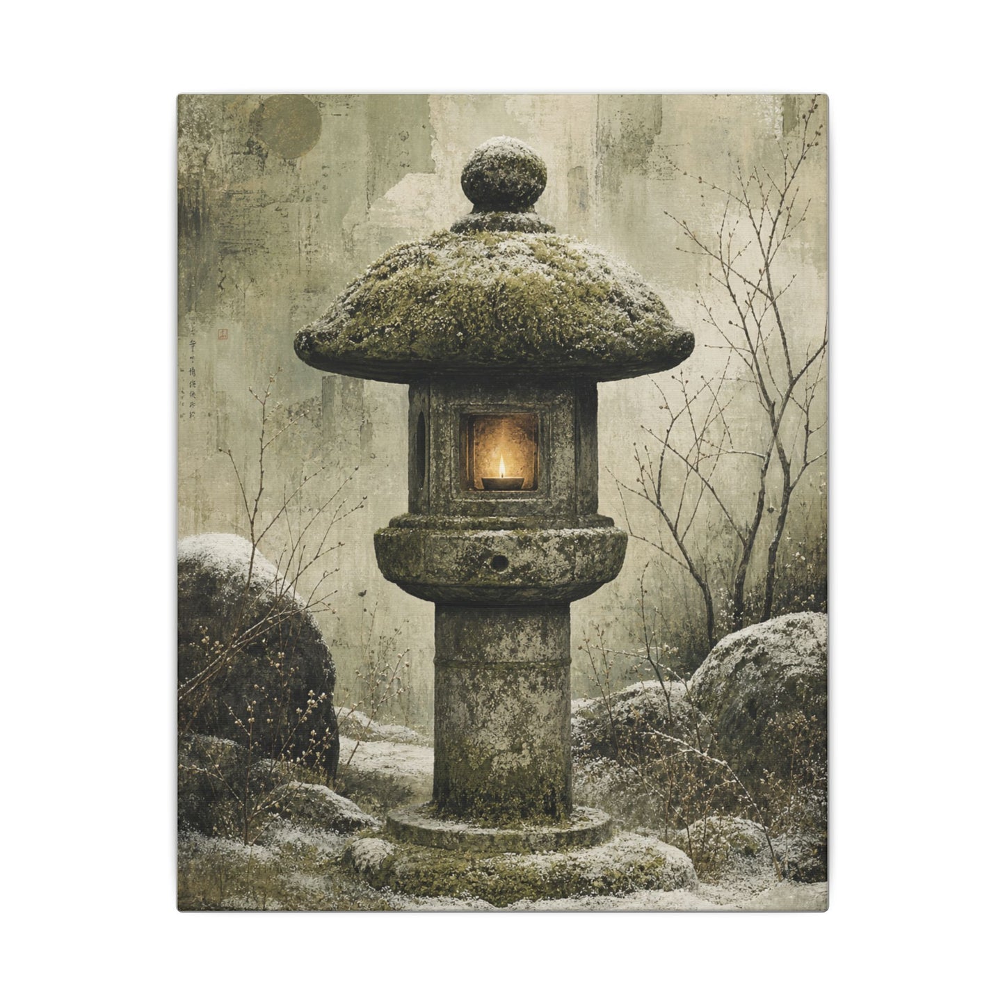 Stone Lantern Winter Canvas Art | Japandi Neutral Design