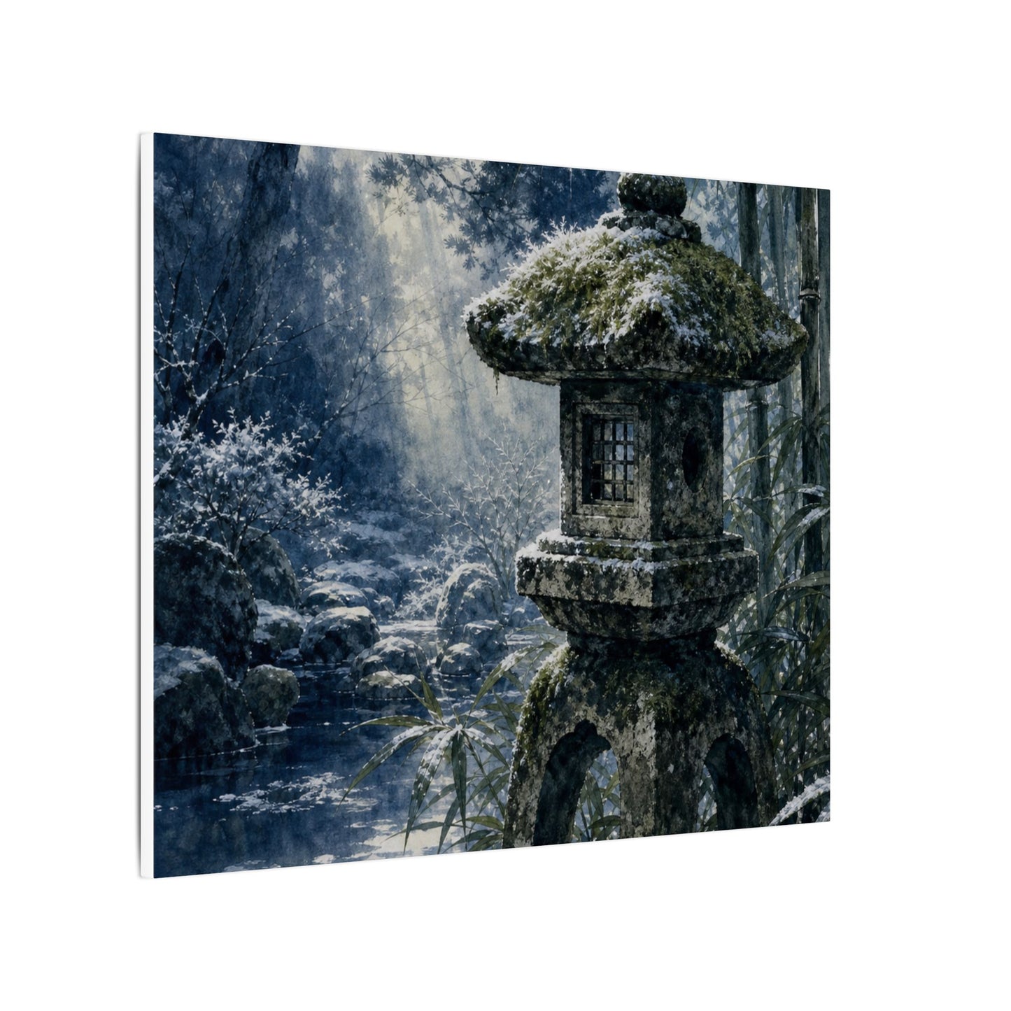 Zen Stone Lantern in Dappled | Sumi E Canvas Art
