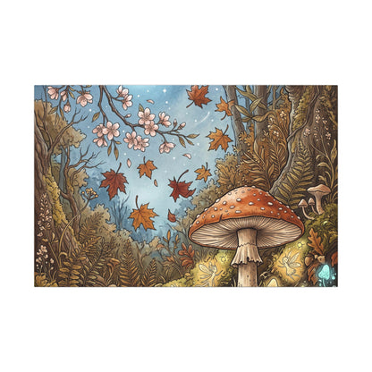 Autumn Cherry Blossom Mushroom Illustration Canvas Art | Enchanting Decor