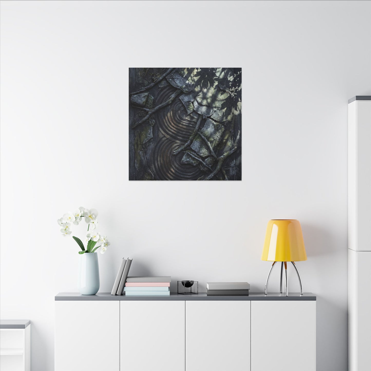 Rock Garden Canvas Art | Winter Dark Japandi Dark Texture Art