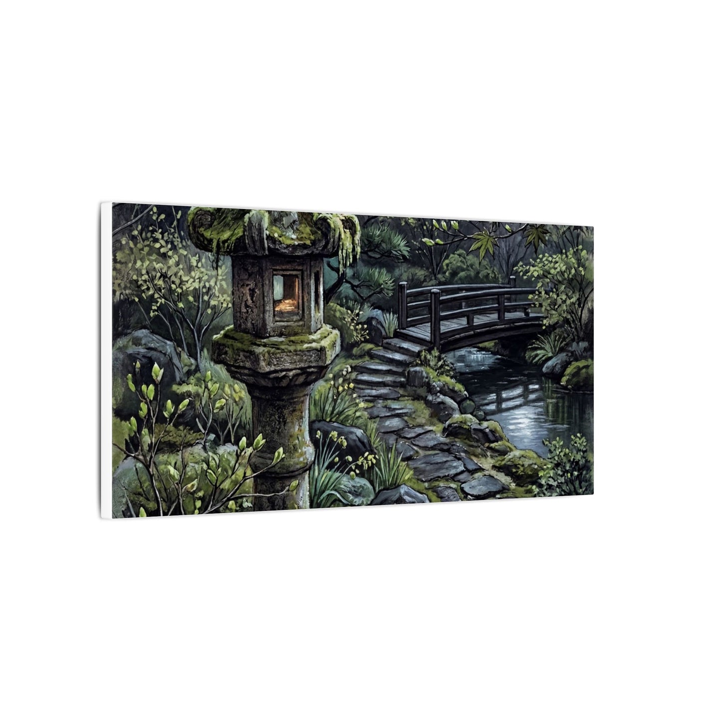 Japandi Stone Lantern in Moonlight | Texture Canvas Art