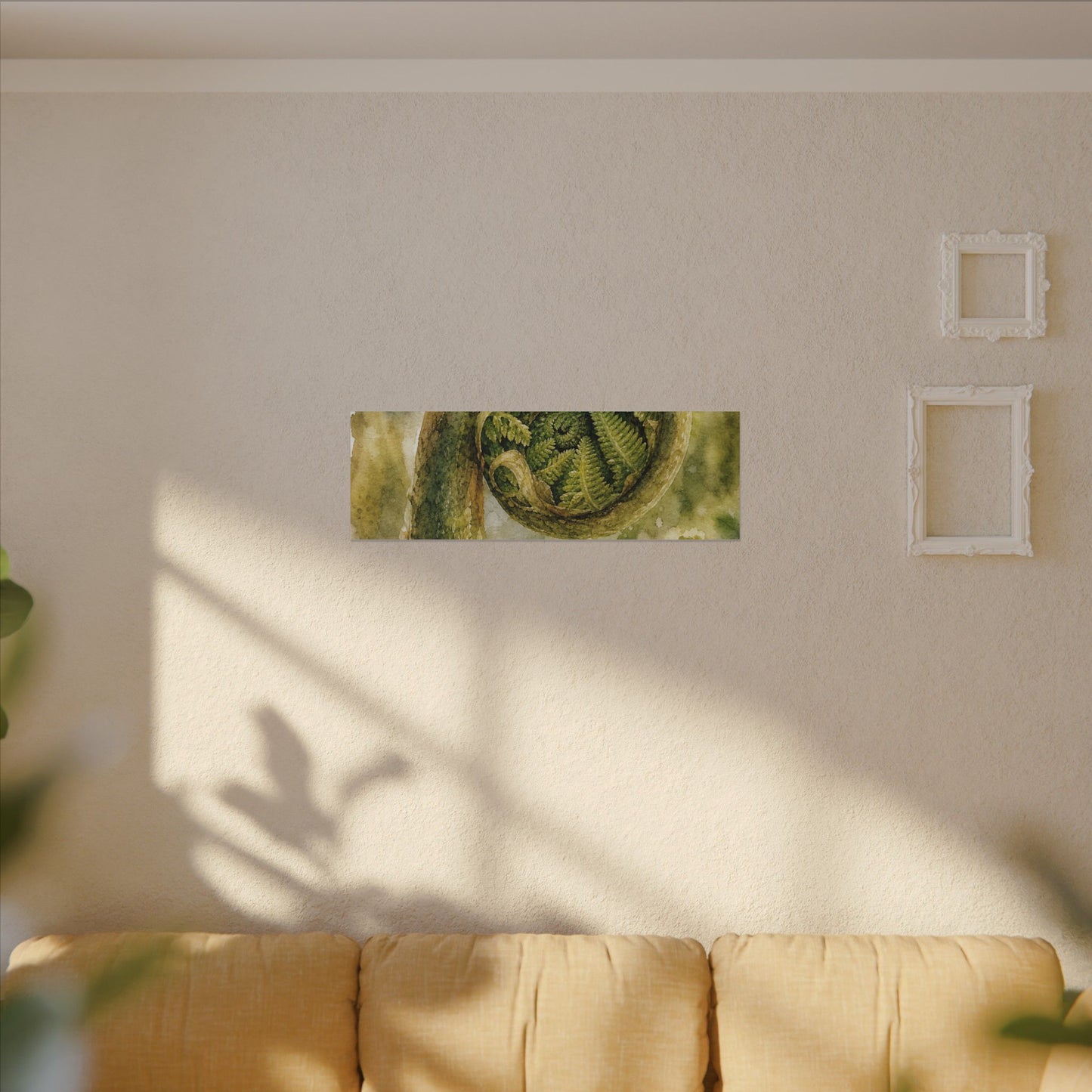 Japandi Fern Unfurling in Dappled | Watercolor Canvas Art