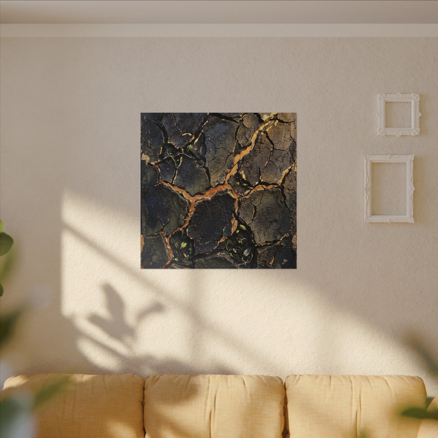 Cracked Earth Spring Canvas Art | Dark Japandi Atmospheric Design