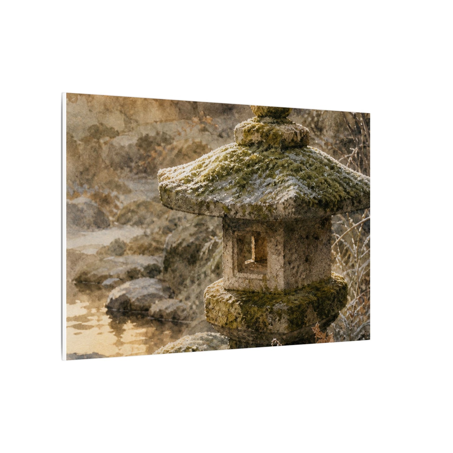 Winter Stone Lantern Watercolor Canvas Art | Earthy Decor