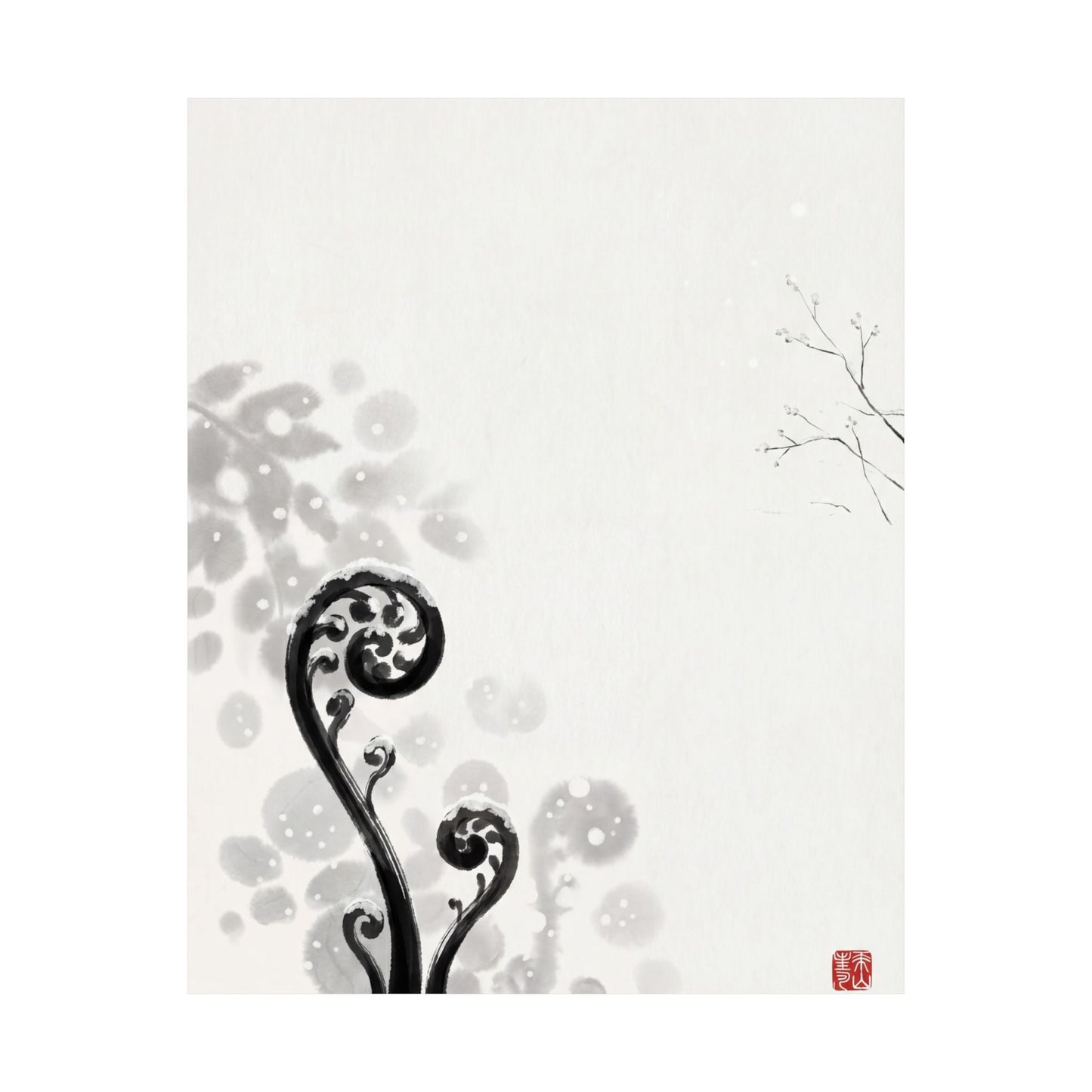 Winter Fern Unfurling Ukiyo E Inspired Wall Art Print | Serene Decor