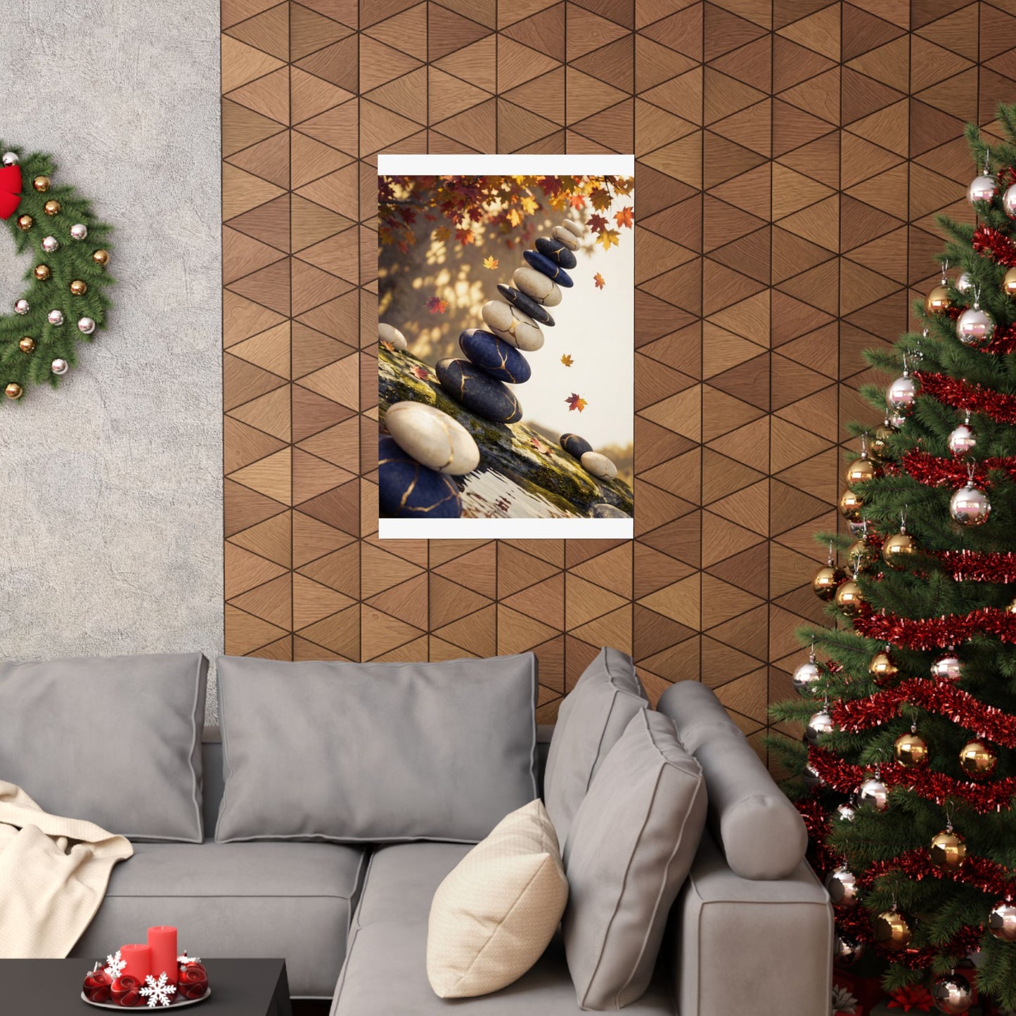 Autumn River Stones Gold Vein Wall Art Print | Artful Decor