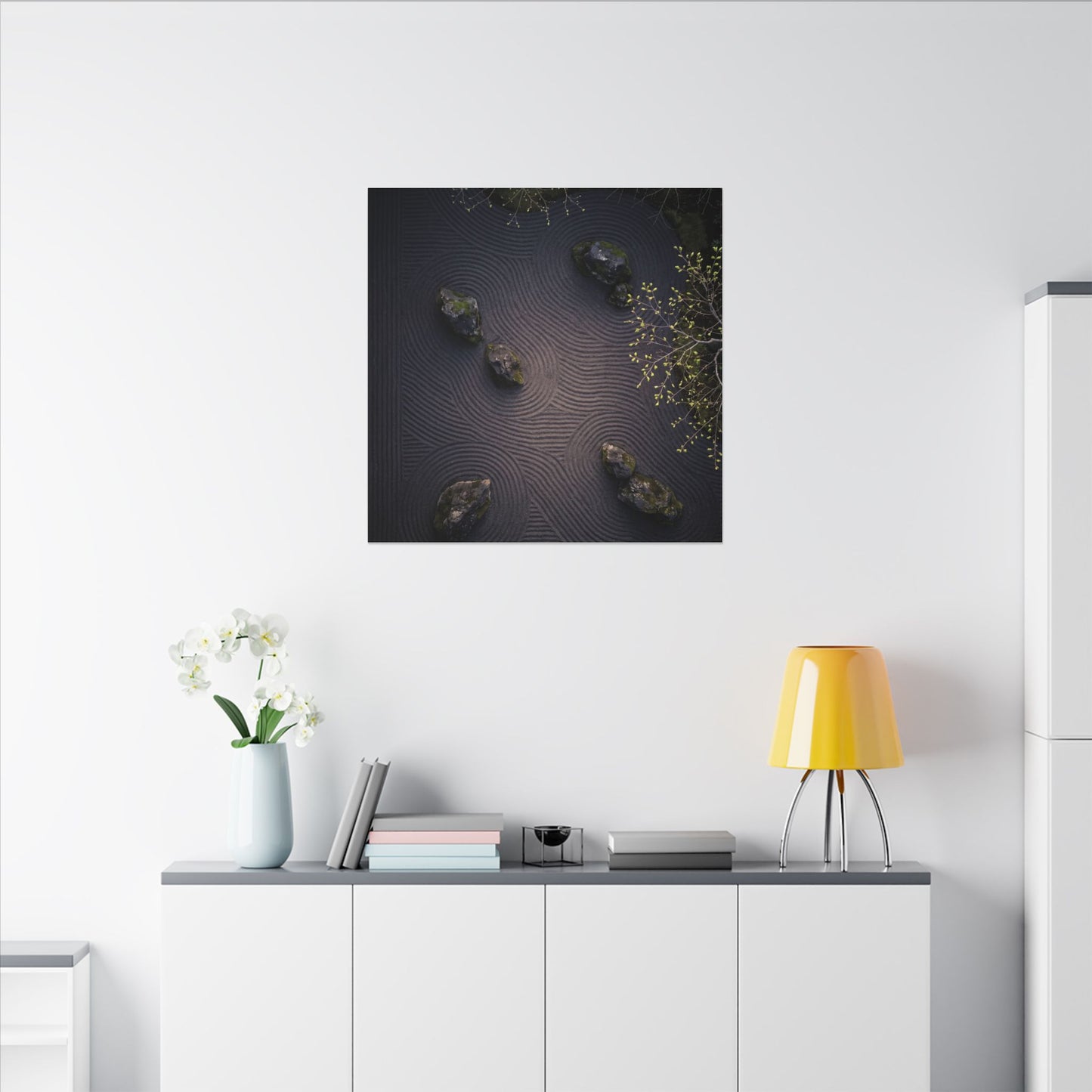 Dark Japandi Rock Garden in Dawn | Shadow Zen Canvas Art