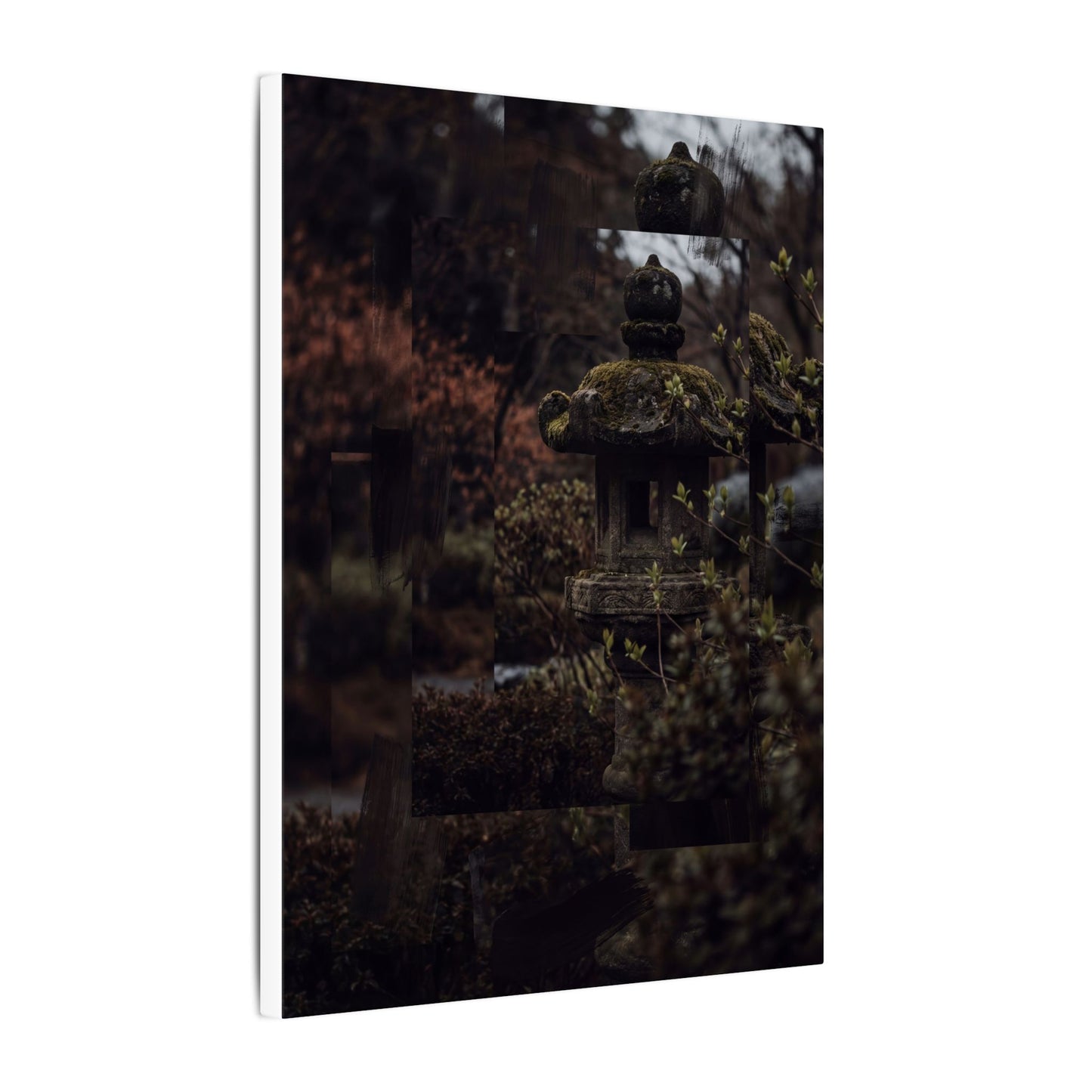 Stone Lantern Spring Canvas Art | Dark Japandi Bold Design