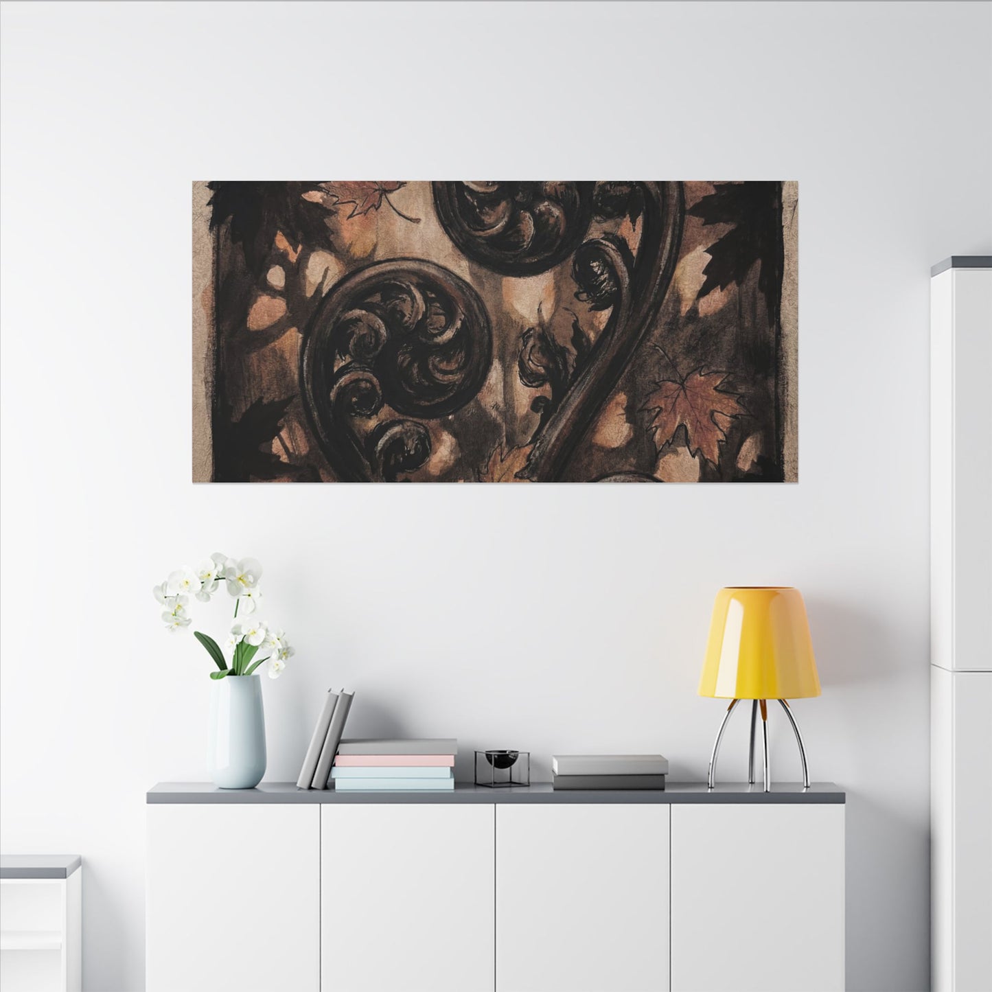 Mono No Aware Fern Unfurling Canvas Art - Dark Japandi Charcoal Ink