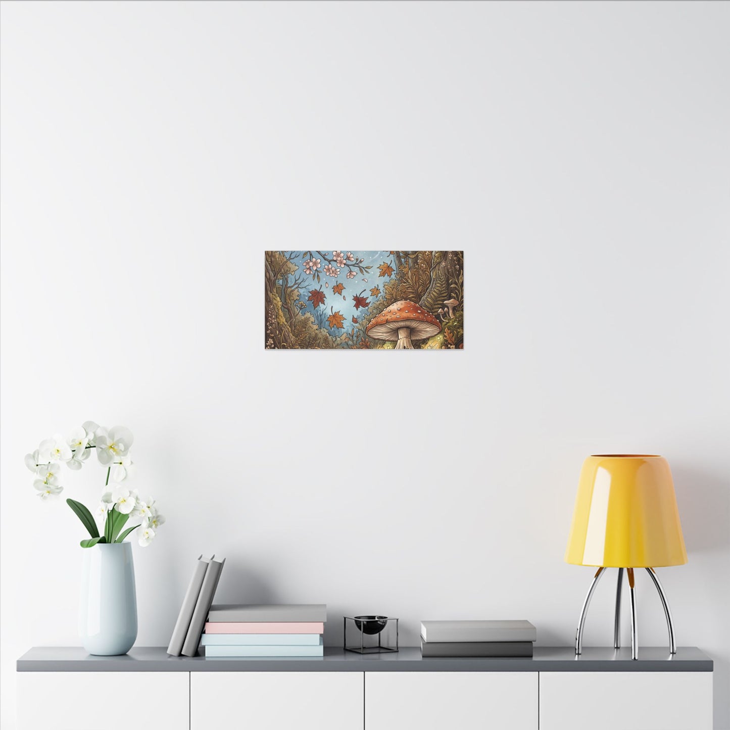 Autumn Cherry Blossom Mushroom Illustration Canvas Art | Enchanting Decor