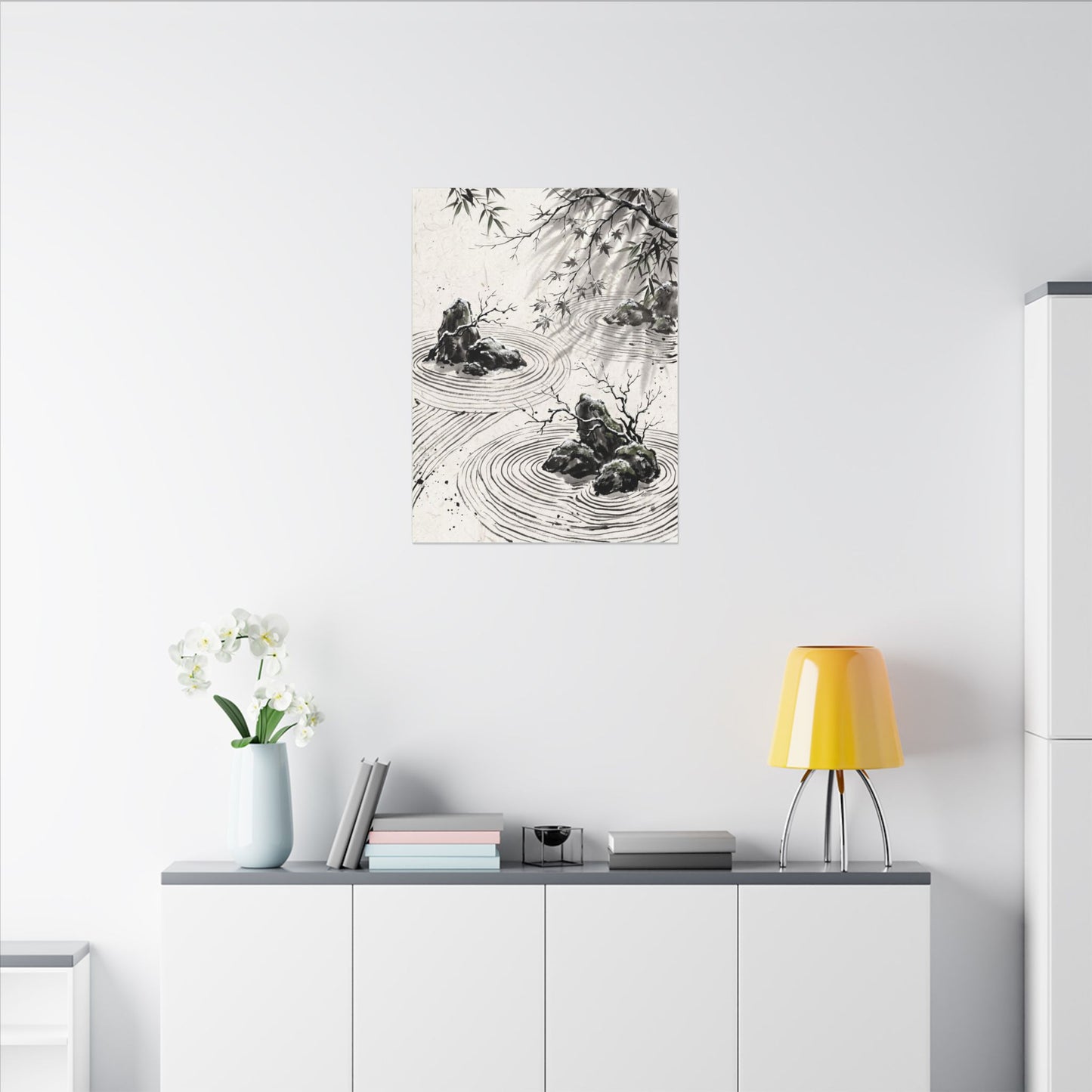 Rock Garden Canvas Art | Winter Zen Sumi E Art