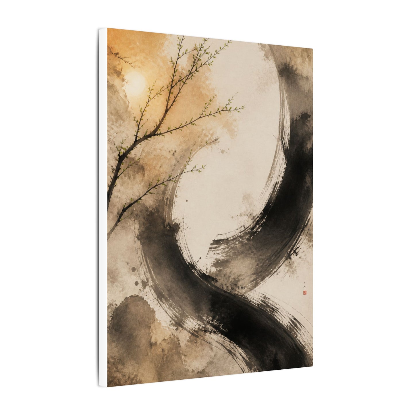 Japandi Ink Brushstroke in Golden Hour | Watercolor Canvas Art