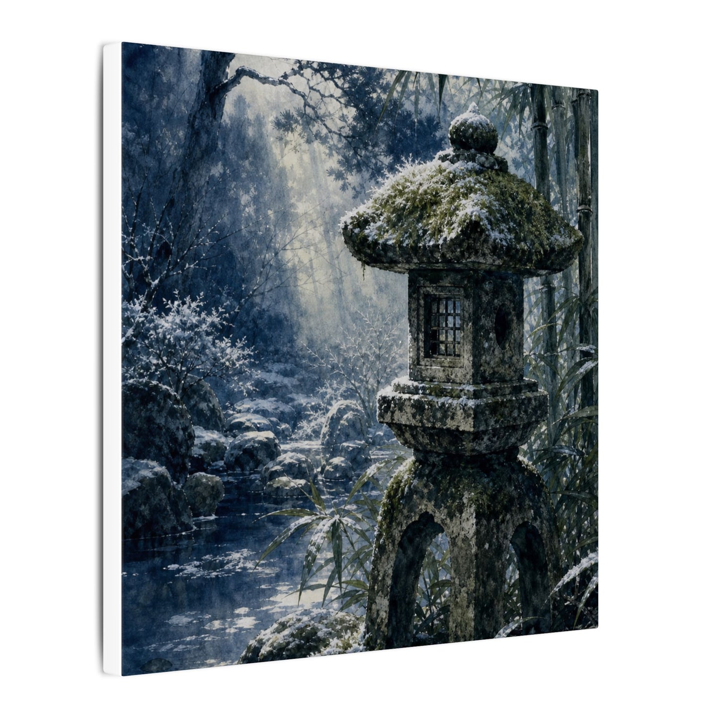Zen Stone Lantern in Dappled | Sumi E Canvas Art