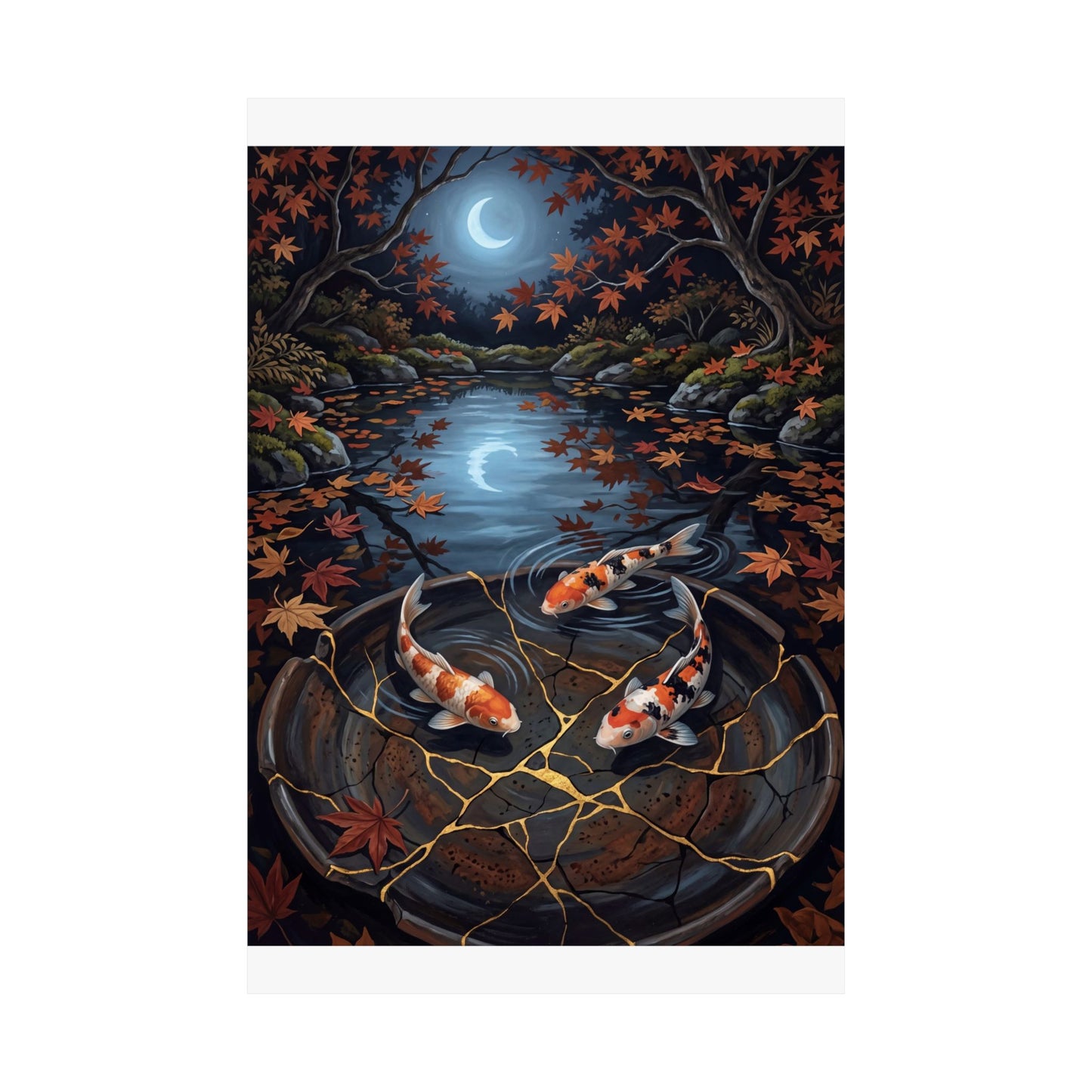 Kintsugi Koi Pond in Moonlight | Gold Repair Wall Art Print