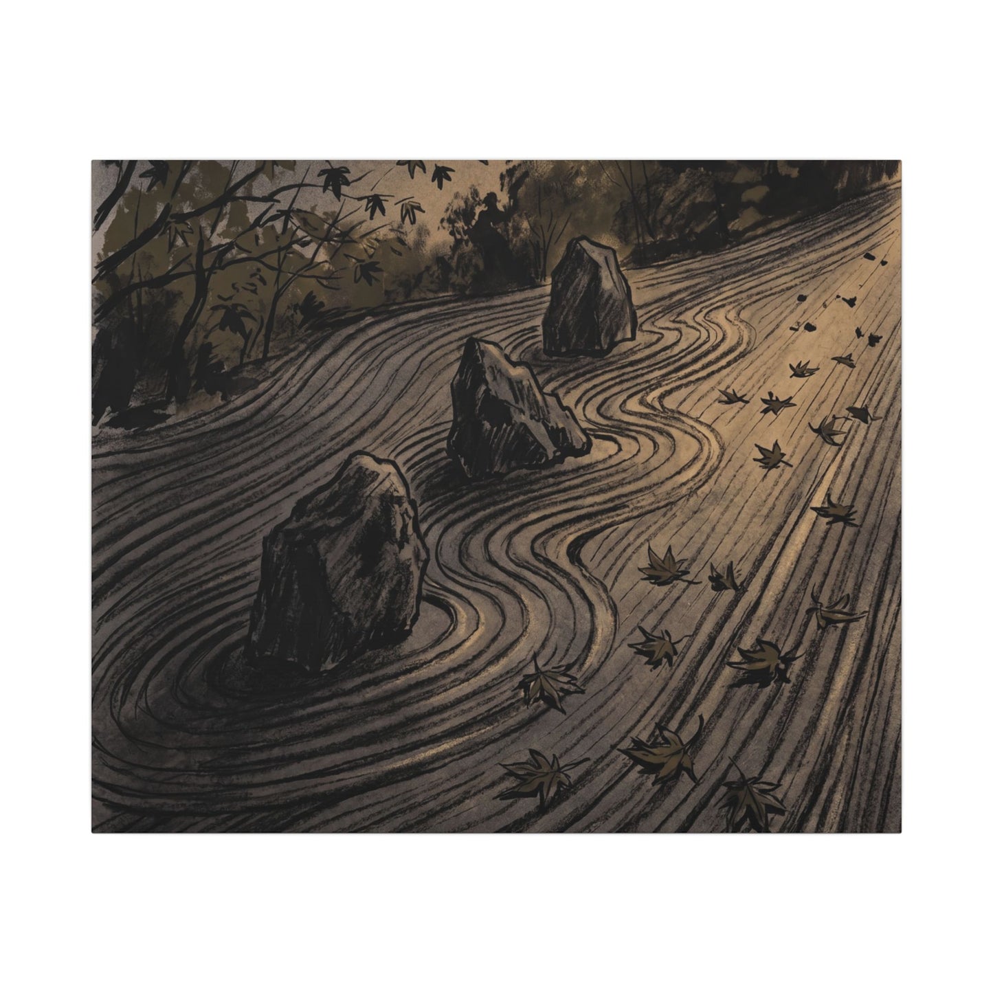 Rock Garden Canvas Art | Autumn Dark Japandi Charcoal Ink Art