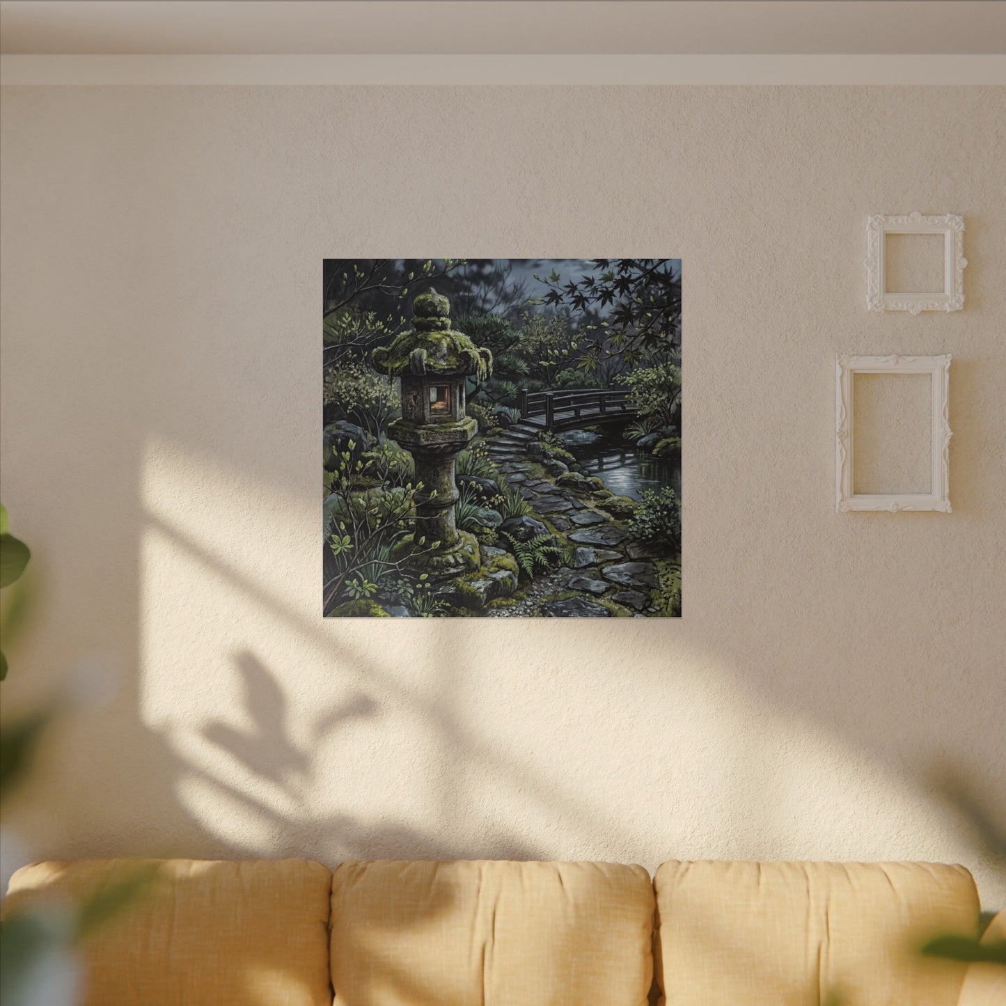 Japandi Stone Lantern in Moonlight | Texture Canvas Art